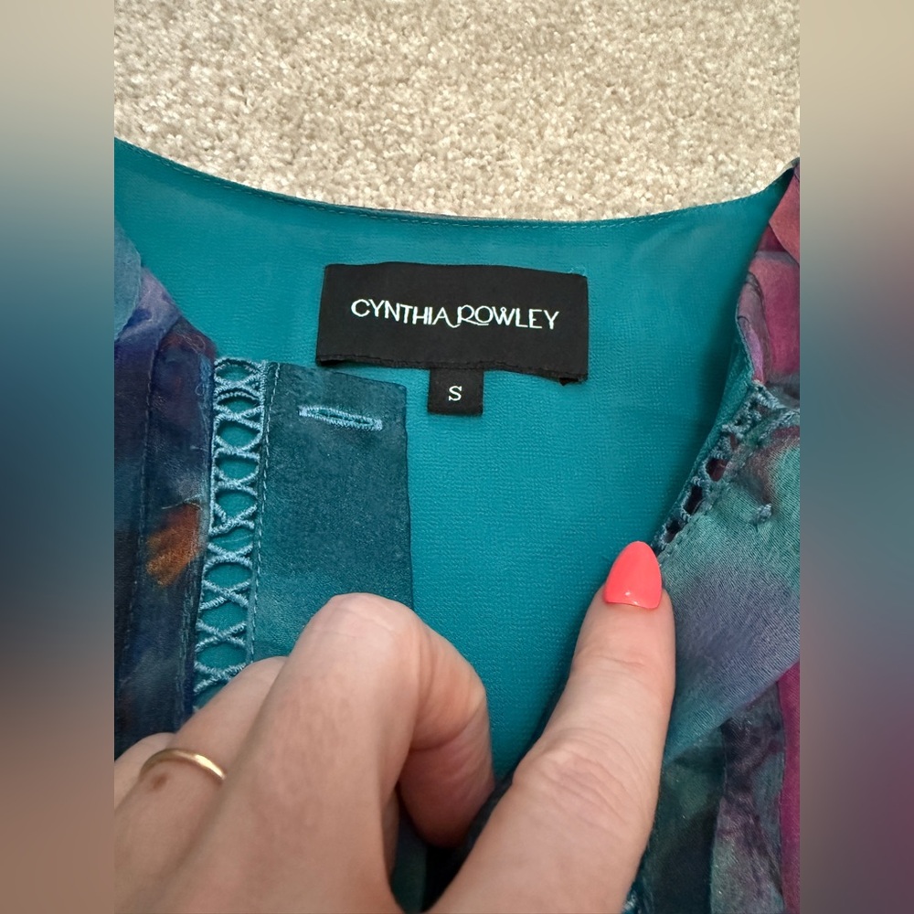 Cynthia Rowley Teal Watercolor Organza Mini Dress - size Small - PRISTINE - Picture 4 of 15